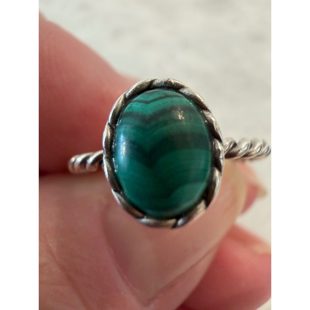 Sterling Silver Malachite Twisted Rope Band Ring 925 Green Gemstone Size 6